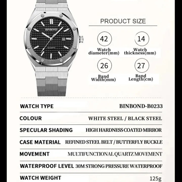 BINBOND Men's Quartz Watch – Waterproof, Steel, Calendar, Luminous.