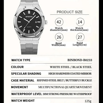 BINBOND Men's Quartz Watch – Waterproof, Steel, Calendar, Luminous.