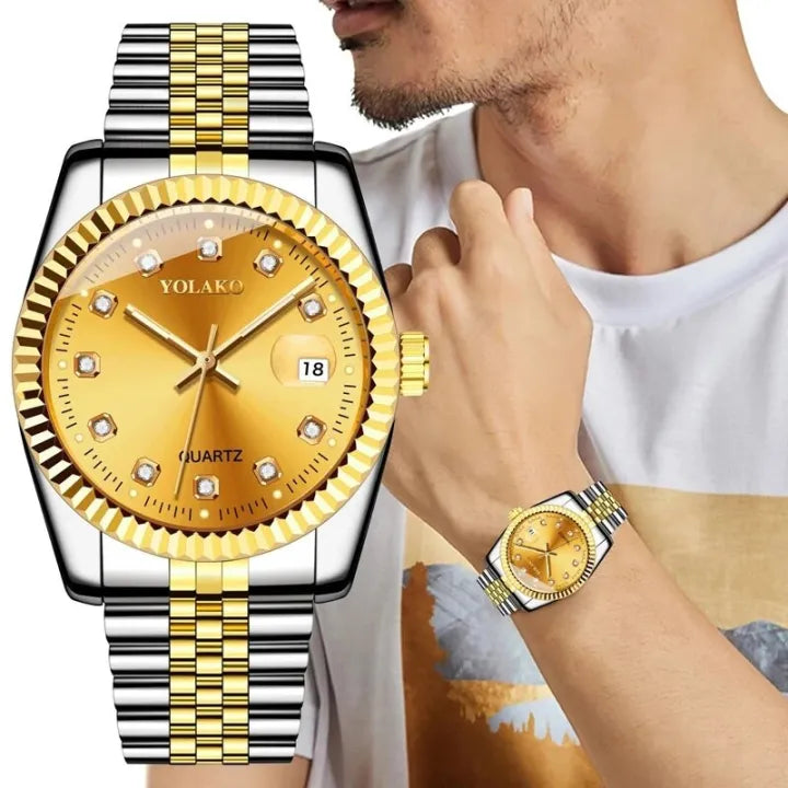 Men's Luxury Quartz Watch – Diamond, Calendar, Stainless Steel.