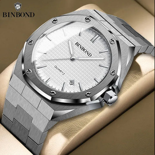 BINBOND Men's Quartz Watch – Waterproof, Steel, Calendar, Luminous.