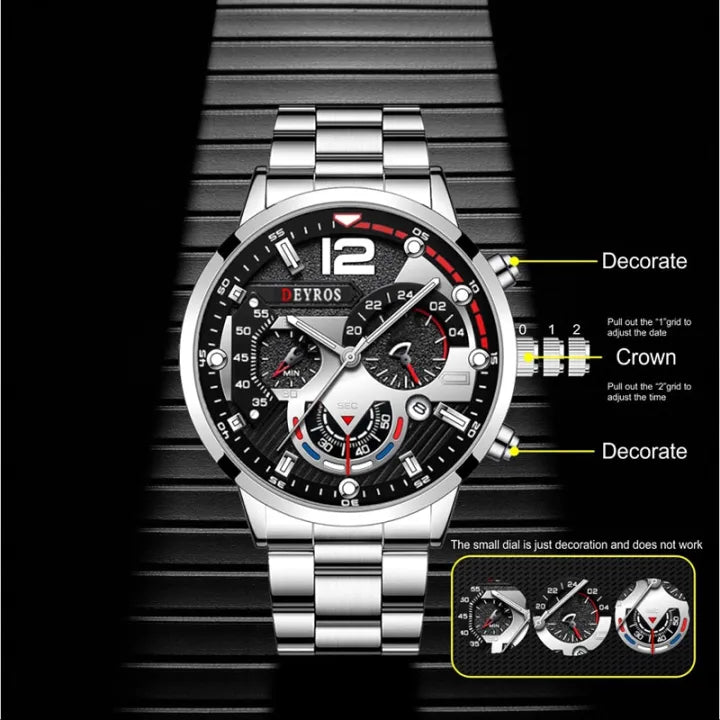 Men's Fashion Quartz Watch – Stainless Steel, Calendar, Luminous.