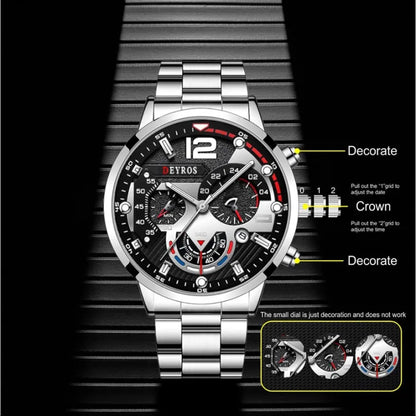 Men's Fashion Quartz Watch – Stainless Steel, Calendar, Luminous.
