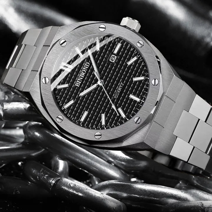 BINBOND Men's Quartz Watch – Waterproof, Steel, Calendar, Luminous.