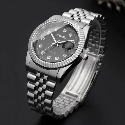 Men's Luxury Quartz Watch – Diamond, Calendar, Stainless Steel.