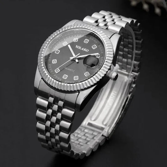 Men's Luxury Quartz Watch – Diamond, Calendar, Stainless Steel.