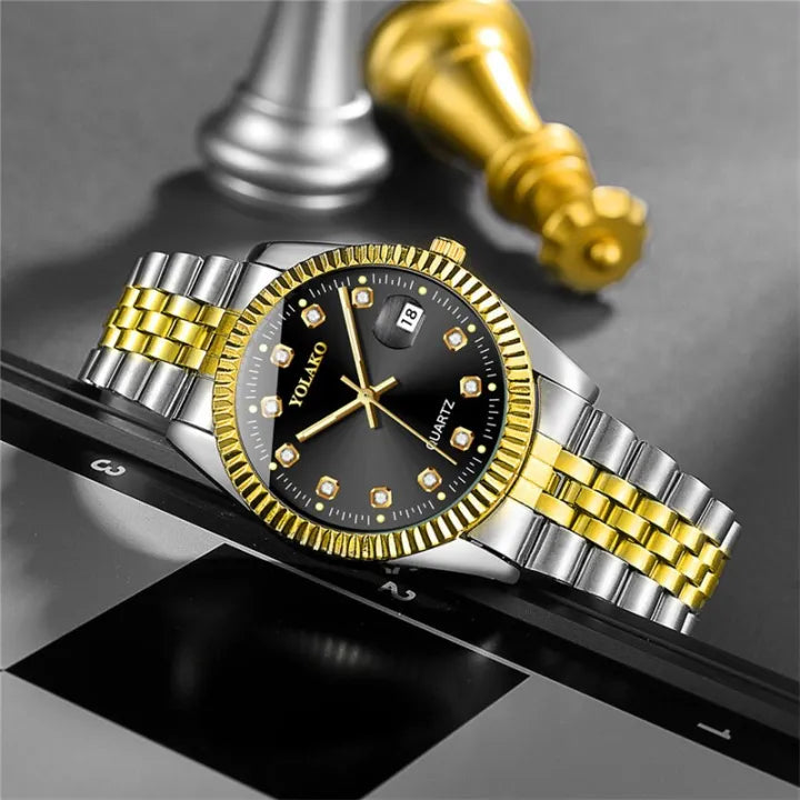 Men's Luxury Quartz Watch – Diamond, Calendar, Stainless Steel.