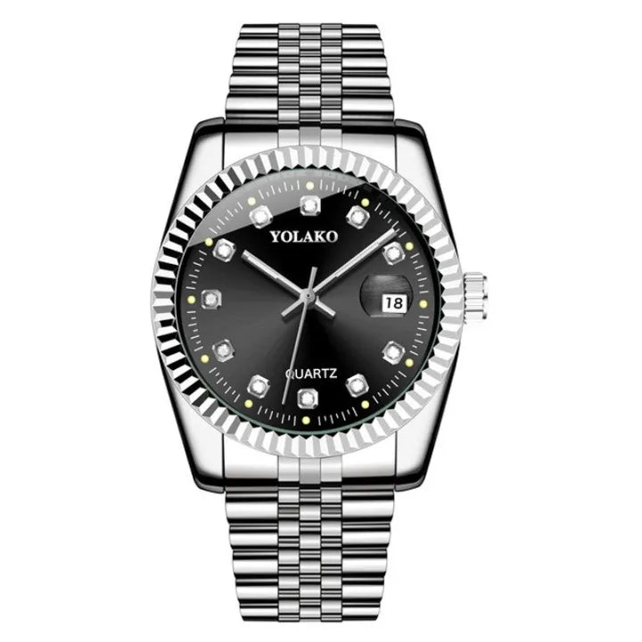 Men's Luxury Quartz Watch – Diamond, Calendar, Stainless Steel.