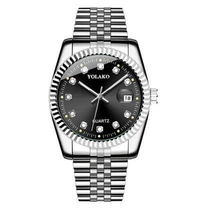 Men's Luxury Quartz Watch – Diamond, Calendar, Stainless Steel.