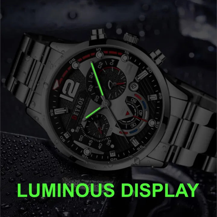 Men's Fashion Quartz Watch – Stainless Steel, Calendar, Luminous.