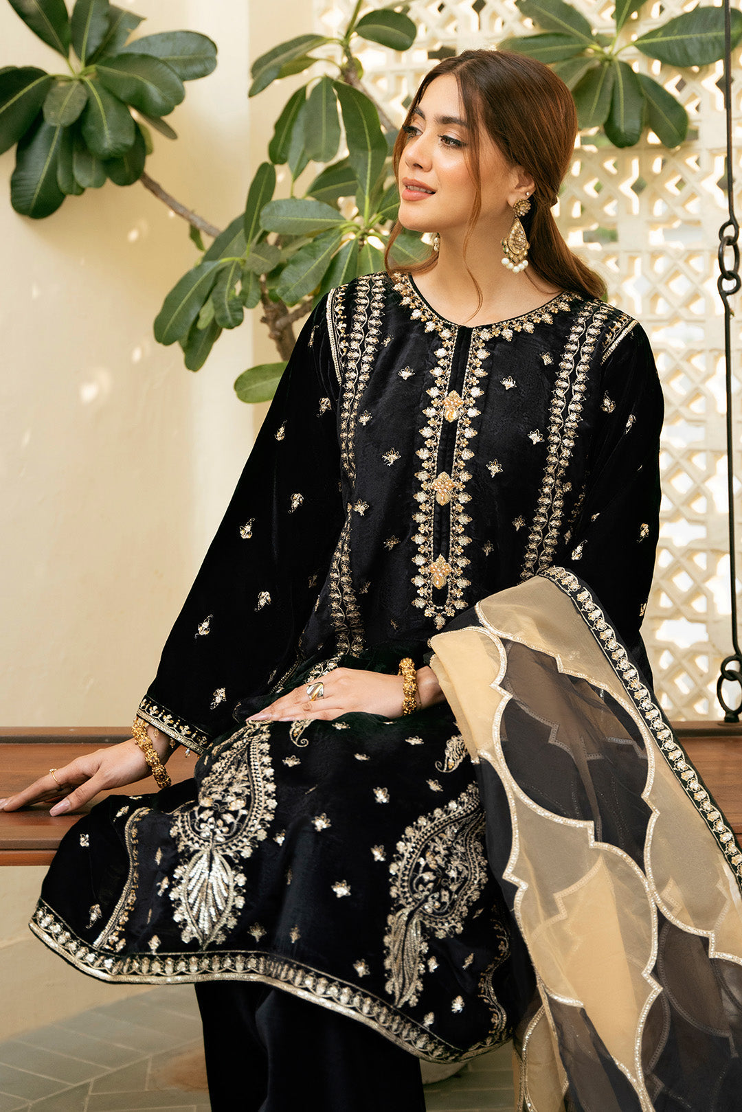 3 Piece - Embroidered Premium Velvet Suit