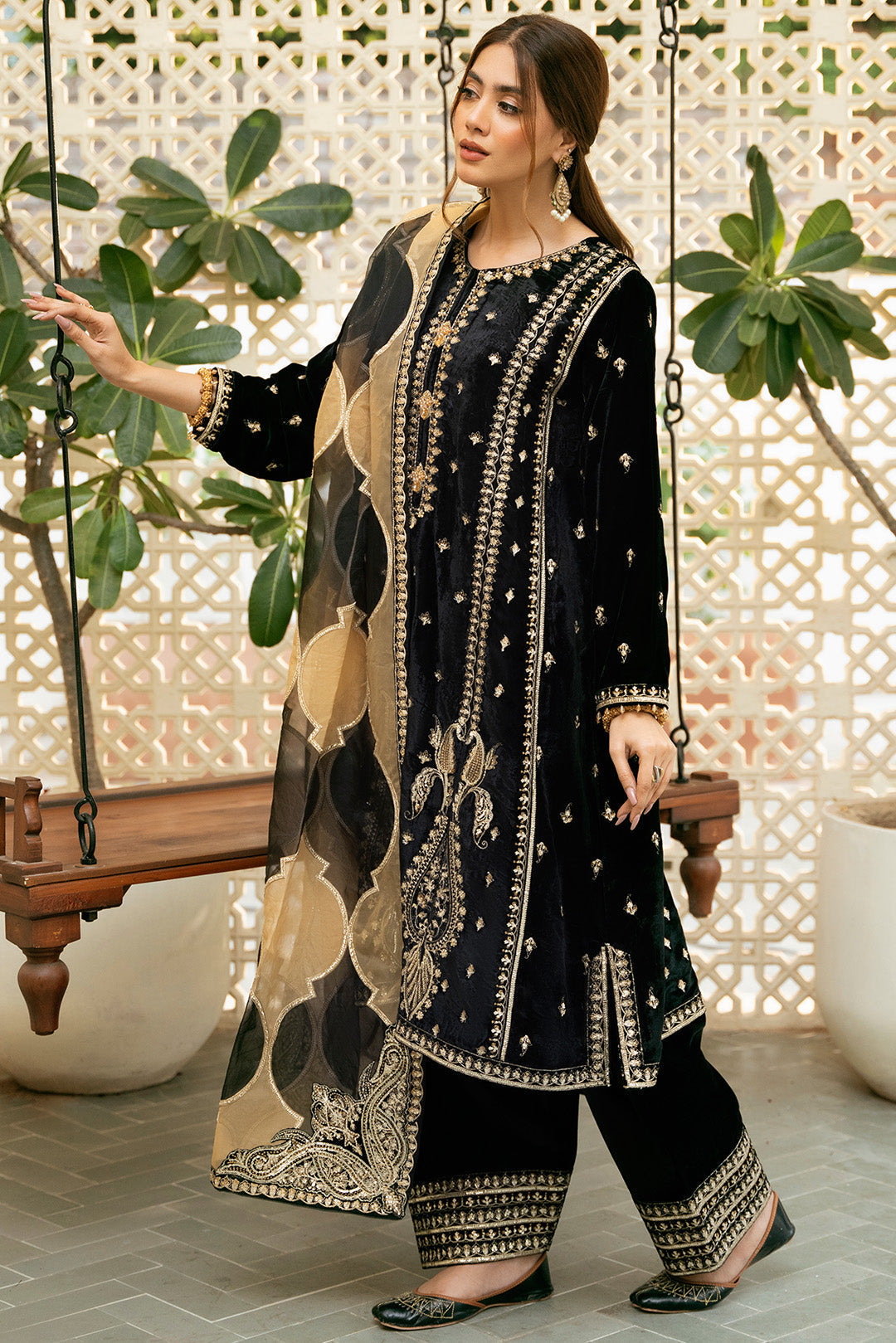 3 Piece - Embroidered Premium Velvet Suit